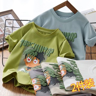 ✨【พร้อมส่ง】เสื้อยืดแขนสั้น ผ้าฝ้าย พิมพ์ลายการ์ตูน ทรงหลวม สําหรับเด็กผู้ชาย อายุ 3-9 ปี