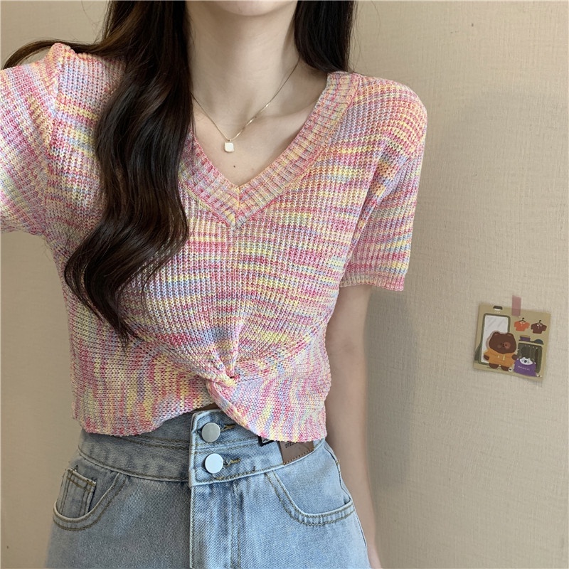 3278#เสื้อแขนสั้น คอวี ผ้าถัก ระดับไฮเอนด์ แฟชั่นฤดูร้อน สําหรับผู้หญิง