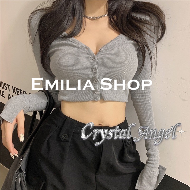 EMILIA SHOP เสื้อยืด เสื้อครอป  สไตล์เกาหลี 2023 ใหม่ CA22121404