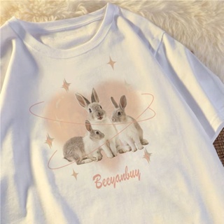 【💘💘】Korean loose retro oversize T-shirt love rabbit printed cotton short-sleeved top for women