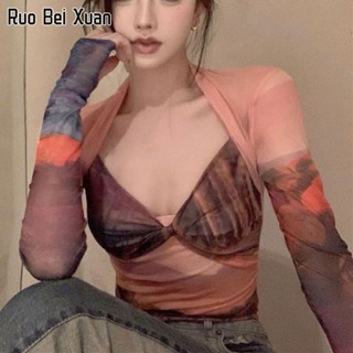 RUO BEI XUAN เสื้อยืดสตรีฤดูร้อนใหม่เกาหลีมัดย้อมแขนยาวส่วนบางสีพระอาทิตย์ตกเสื้อยืดกันแดดแขนยาว