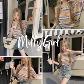 mollygirl.shop เสื้อยืดแถบสีรุ้ง เสื้อผ้าผู้หญิงถักนิตติ้ง  1530-1#