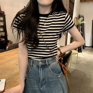 เสื้อยืด แขนสั้น ผ้าฝ้าย ลายทาง เรียบง่าย สไตล์เกาหลี สําหรับผู้หญิง