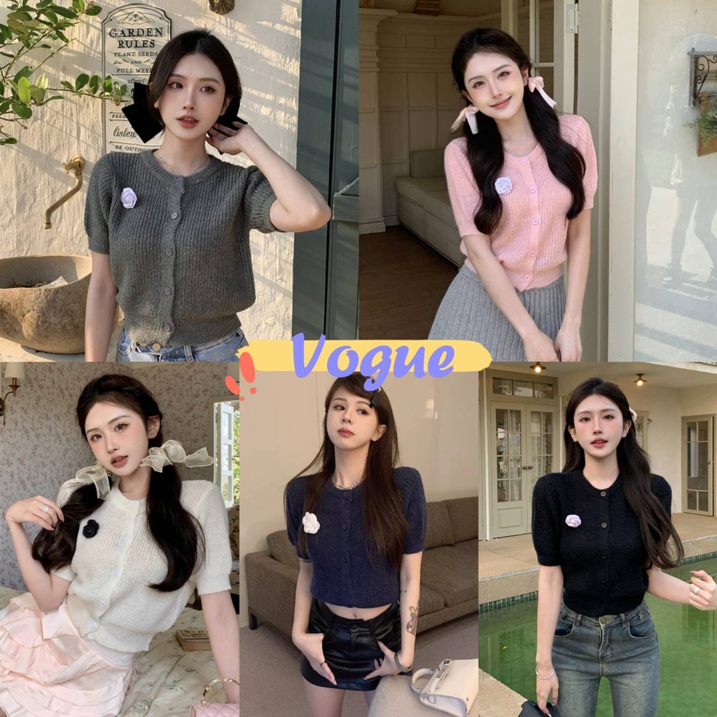 Vogue พร้อมส่ง เสื้อไหมพรมแขนสั้น คอกลม ดีเทลแถมเข็มกัดดอกไม้ (28097) -C -N