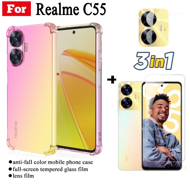 Realme C55 เคสโทรศัพท์กันกระแทกสําหรับRealme C 55 C5 5 Colorful Air Saccleไล่โทนสีสีปลอก+ฟิล์มกระจกน