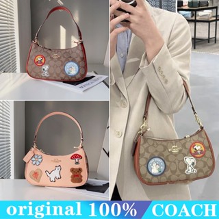 COACH cc420 ce848 Snoopy กระเป๋ากล้องมินิ/กระเป๋าคลัทช์/กระเป๋าไพ่นกกระจอกใต้วงแขน/กระเป๋าสะพายหนังวัว