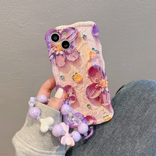 เคสโทรศัพท์มือถือ TPU กันกระแทก ลายภาพวาดสีน้ํามัน รูปคลื่น ดอกไม้สีม่วง สําหรับ Apple IPhone 14 13 12 11 Pro Max