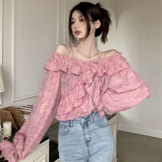 🔥ชมพู เสื้อเบลาส์ แขนยาว ผ้าชีฟอง ลายดอกไม้ สําหรับผู้หญิง ทรงสลิม