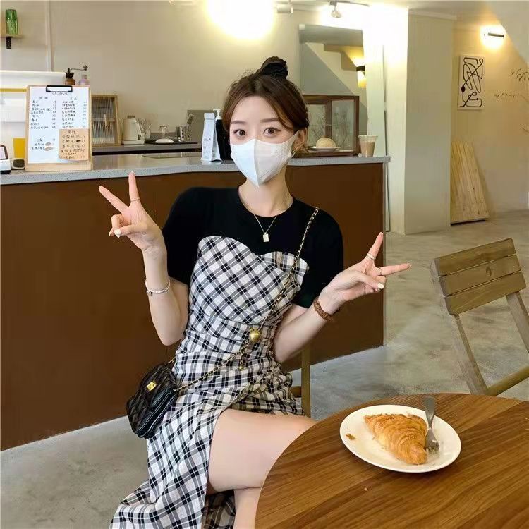 Eva Style พร้อมส่ง เดรส เดรสสองชิ้นลายสก๊อต panel ใหม่ กระโปรงออกแบบแขนสั้น กระโปรงผ่าผ่ายาวผู้หญิงเข้ารูป