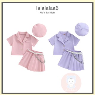 Laa6 ชุดเสื้อแขนสั้น และกระโปรงพลีท และหมวกน่ารัก แฟชั่นสําหรับเด็กผู้หญิง