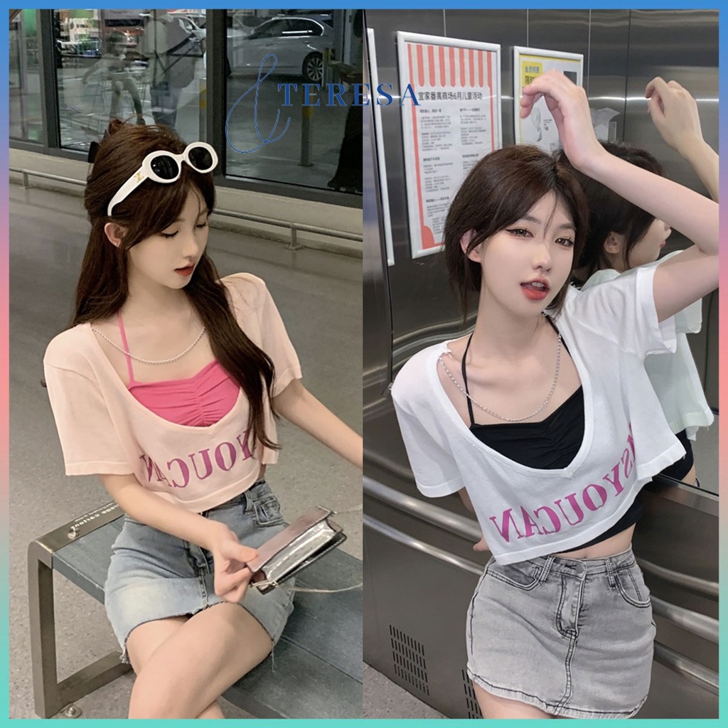 เสื้อยืดครอป+สายเดี่ยวคล้องคอ ชุดเเฟชั่นสองชิ้น เซ็ท2ชิ้น เสื้อครอป+สายเดี่ยว