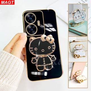 เคสกระจกไฟฟ้า ลายการ์ตูนคิตตี้ พร้อมขาตั้ง สําหรับ Realme C55 C33 C30 C35 C21Y C25Y Realme C11 2021 C15 C12 C25 C20 RealmeC2 Narzo 50A A1K