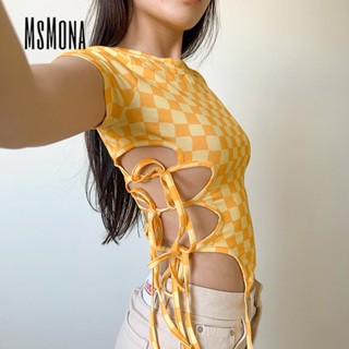 Msmona เสื้อยืด คอกลม แขนสั้น พิมพ์ลายดอกไม้ สีพื้น เซ็กซี่ สําหรับผู้หญิง 2023