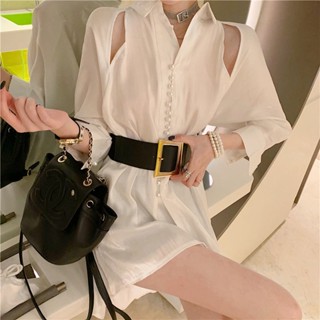 Mermaids polarized harbor taste temperament waist personality off-shoulder loose shirt female Korean version