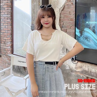 Plus size เสื้อผ้าสาวอวบ❤ เสื้อยืดสาวอวบอ้วน ไซส์ใหญ่ ผู้หญิง ทรงหลวม แขนสั้น คอกลม สีขาว ฤดูร้อน สไตล์เกาหลีแฟชั่น