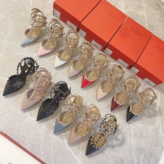 Warren สุดสวยมาก!!Valentino ROCKSTUD รองเท้าส้นสูง 10 ซม. หนังวัวแท้ หัวแหลม สามห่วง 6.5 นิ้ว แฟชั่น สําหรับผู้หญิง