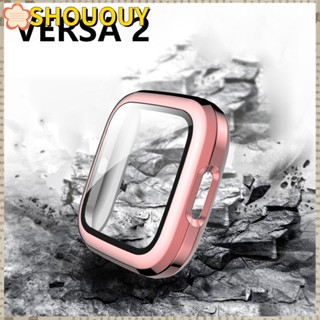 SHOUOUY เคส PC ชุบ อุปกรณ์เสริมสมาร์ทวอทช์ 360 องศา กระจกนิรภัย 9H สําหรับ Fitbit Versa 2 SmartWatch