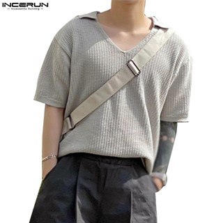 Incerun เสื้อโปโล แขนสั้น สีพื้น ลายวาฟเฟิล