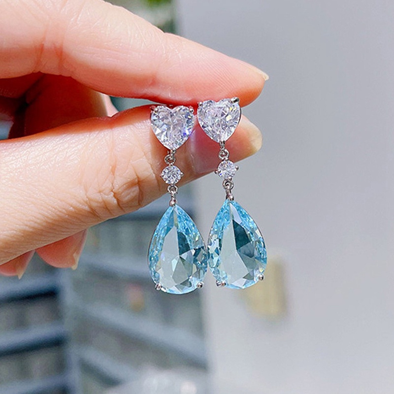 Fancy รัก งานแต่งงาน นิรันดร์ ต่างหู สําหรับผู้หญิง สีฟ้า / สีเขียว ลูกบาศก์ ลูกบาศก์ เพทาย ต่างหูหยดน้ํา อารมณ์ หรูหรา เครื่องประดับสตรี