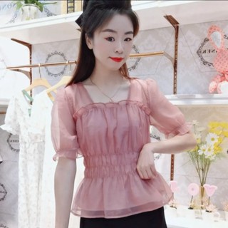 เสื้อเชิ้ตแขนพัฟ ผ้าชีฟอง คอสี่เหลี่ยม เข้ารูป เก็บเอว แบบรัดรูป สีหวาน สําหรับผู้หญิง