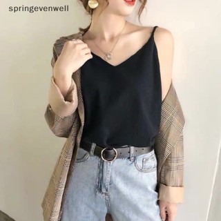 [springevenwell] เสื้อสายเดี่ยวลําลอง คอวี ผ้าถัก ทรงหลวม สีพื้น แฟชั่นฤดูร้อน สําหรับผู้หญิง