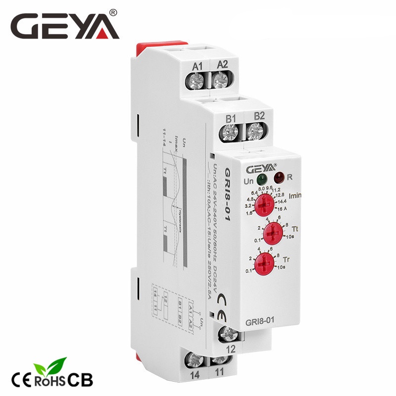 GEYA GRI8-01/02 รีเลย์ป้องกันการตรวจสอบปัจจุบัน 0.5/1/2/5/8/16A ACDC24V-240V กระแสเกินภายใต้