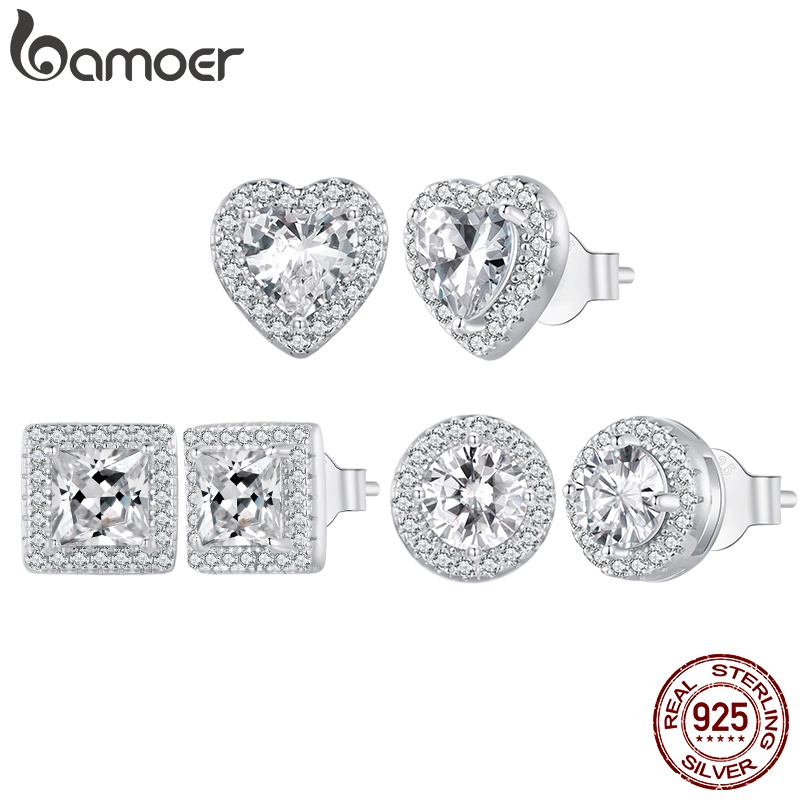 BAMOER บามอส ต่างหูเงินแท้ 925 ราคาไม่แพงวงกลมหรูหรา/รูปหัวใจ/สแควร์สําหรับผู้หญิง