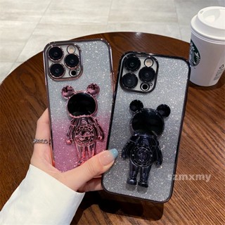 เคสโทรศัพท์มือถือนิ่ม แบบใส ปิดด้านหลัง ป้องกันเลนส์ ลายมิกกี้เมาส์ ไล่โทนสี พร้อมขาตั้ง สําหรับ Iphone 14 12 13 11 Pro Max 14Plus