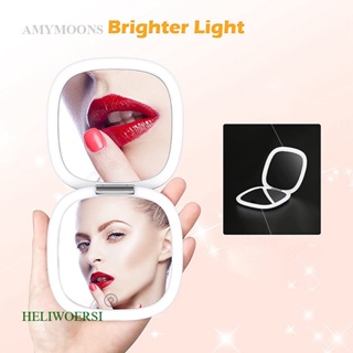 Heliwoersi กระจกแต่งหน้า แบบพกพา พร้อมไฟ LED ชาร์จ USB แว่นขยาย 1x/3x