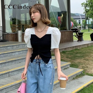 Cccindee ใหม่ เสื้อยืดลําลอง แขนสั้น ทรงสลิมฟิต สีตัดกัน แฟชั่นสําหรับสตรี 2023