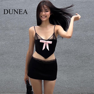 Dunea ชุดเสื้อสายเดี่ยว คอวี ผ้าตาข่าย ประดับโบว์ และกระโปรง เซ็กซี่ สําหรับผู้หญิง