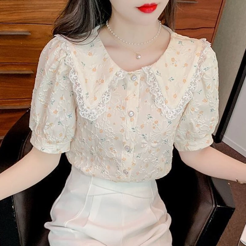 เสื้อลายดอกไม้สไตล์เกาหลีแขนสั้นผ้าชีฟอง thumbnail 4