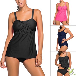 Tankini ชุดว่ายน้ํา เสริมฟองน้ํา ลายไม้กางเขน สําหรับผู้หญิง 2 ชิ้น ไซซ์ L-3Xl