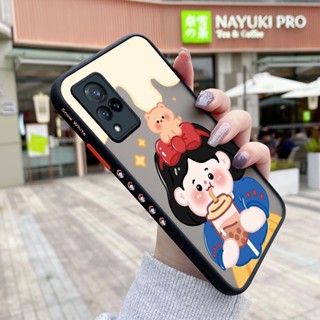 เคสโทรศัพท์มือถือแบบแข็ง ใส กันกระแทก ลายการ์ตูนเด็กผู้หญิงชานม มีลายด้านข้าง สําหรับ VIVO V21 4G V21 V21s 5G