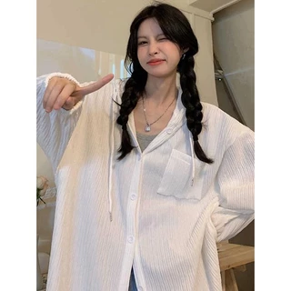 MIMI&DIDI#เสื้อเชิ้ตแขนยาวผู้หญิง oversize เสื้อฮู้ด คอวี ทรงหลวม แฟชั่น สีพื้น สำหรับสาวอวบคิ้วท์ๆสไตล์เกา W253
