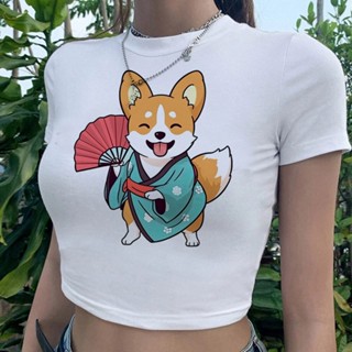 Corgi เสื้อครอปท็อป แฟชั่นเกาหลี 2000s สไตล์ฮาราจูกุ สําหรับผู้หญิง yk2