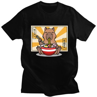 เสื้อยืด ผ้าฝ้าย พิมพ์ลายกราฟฟิคการ์ตูนสัตว์ Ramen Capybara ตลก ขนาดใหญ่ สําหรับผู้ชาย ไซซ์ 4XL 5XL 6XL