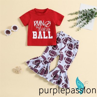 Purplepassion- เสื้อยืดแขนสั้น พิมพ์ลายฟุตบอล และกระดิ่ง แฟชั่นฤดูร้อน สําหรับเด็กผู้หญิง 2 ชิ้น