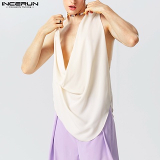 Incerun เสื้อกล้าม แขนกุด คอสวิง สีพื้น สไตล์วินเทจ สําหรับผู้ชาย