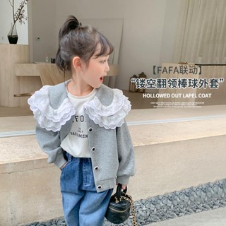 พร้อมส่ง เสื้อโค้ทลําลอง คอปกตุ๊กตา แต่งลูกไม้ กระดุมแถวเดียว ทรงหลวม เข้ากับทุกการแต่งกาย แฟชั่นฤดูใบไม้ผลิ และฤดูใบไม้ร่วง สไตล์เกาหลี สําหรับเด็กผู้หญิง