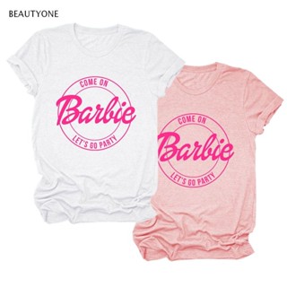 Topbeauty เสื้อยืดแขนสั้น คอกลม ผ้าฝ้าย พิมพ์ลายบาร์บี้ Lets Go Party Bachelorette สําหรับผู้หญิง และผู้ชาย