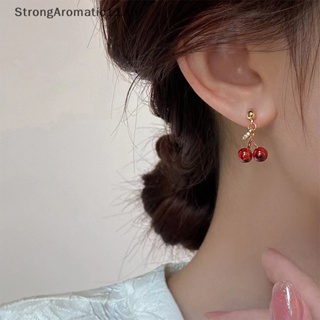 Strongaromatic สร้อยคอ ต่างหูสตั๊ด จี้เชอร์รี่ สีไวน์แดง สีทอง เครื่องประดับแฟชั่น สําหรับผู้หญิง ของขวัญวันเกิด งานแต่งงาน