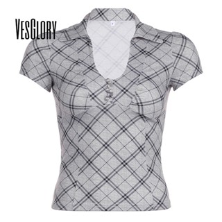 Vesglory เสื้อครอปท็อป คอกลม แขนสั้น พิมพ์ลาย สีตัดกัน เซ็กซี่ สําหรับผู้หญิง 2023