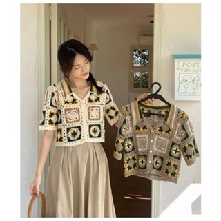 เสื้อเชิ้ตแขนสั้น ผ้าถักโครเชต์ สไตล์ตะวันตก ฝรั่งเศส ย้อนยุค ฤดูร้อน สําหรับผู้หญิง KUO2