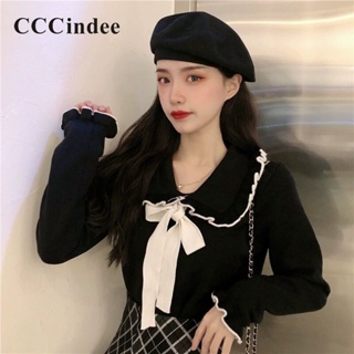 Cccindee ใหม่ เสื้อคาร์ดิแกนลําลอง แขนยาว คอปก ประดับโบว์ สีตัดกัน แฟชั่นสําหรับสตรี 2023