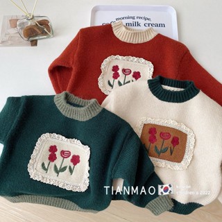 🍂เสื้อกันหนาว คอกลม ผ้าถัก  ลายดอกไม้ สําหรับเด็กผู้หญิง