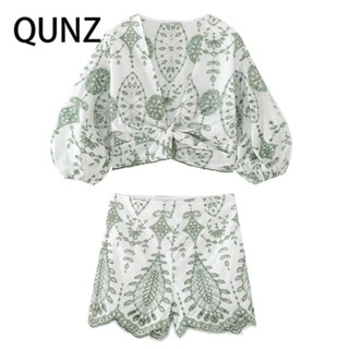 Qunz เสื้อเชิ้ตแฟชั่น ปักลาย อเนกประสงค์ + กางเกงขาสั้น 3456