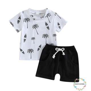 Babyclothes- ชุดเสื้อยืด แขนสั้น พิมพ์ลายต้นไม้ และกางเกงขาสั้น แบบยืดหยุ่น แฟชั่นฤดูร้อน สําหรับเด็กผู้ชาย และเด็กผู้หญิง 2 ชิ้น