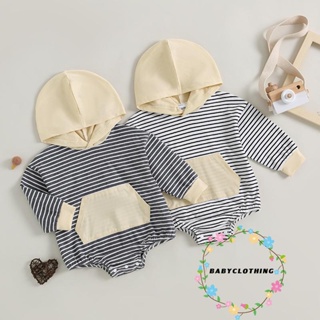 Babyclothes- ชุดจั๊มสูท รอมเปอร์ แขนยาว มีฮู้ด พิมพ์ลายทาง พร้อมกระเป๋า น่ารัก สําหรับเด็กวัยหัดเดิน เด็กผู้หญิง เด็กผู้ชาย