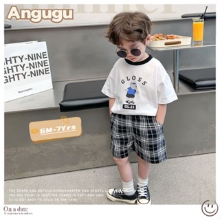 Angugu ใหม่ เสื้อยืดแขนสั้น กางเกงขาสั้น ลายสก๊อต หมีน่ารัก แฟชั่นฤดูร้อน สําหรับเด็กผู้ชาย อายุ 6-12 เดือน (เสื้อยืด + กางเกง) 1-7 ปี 2023